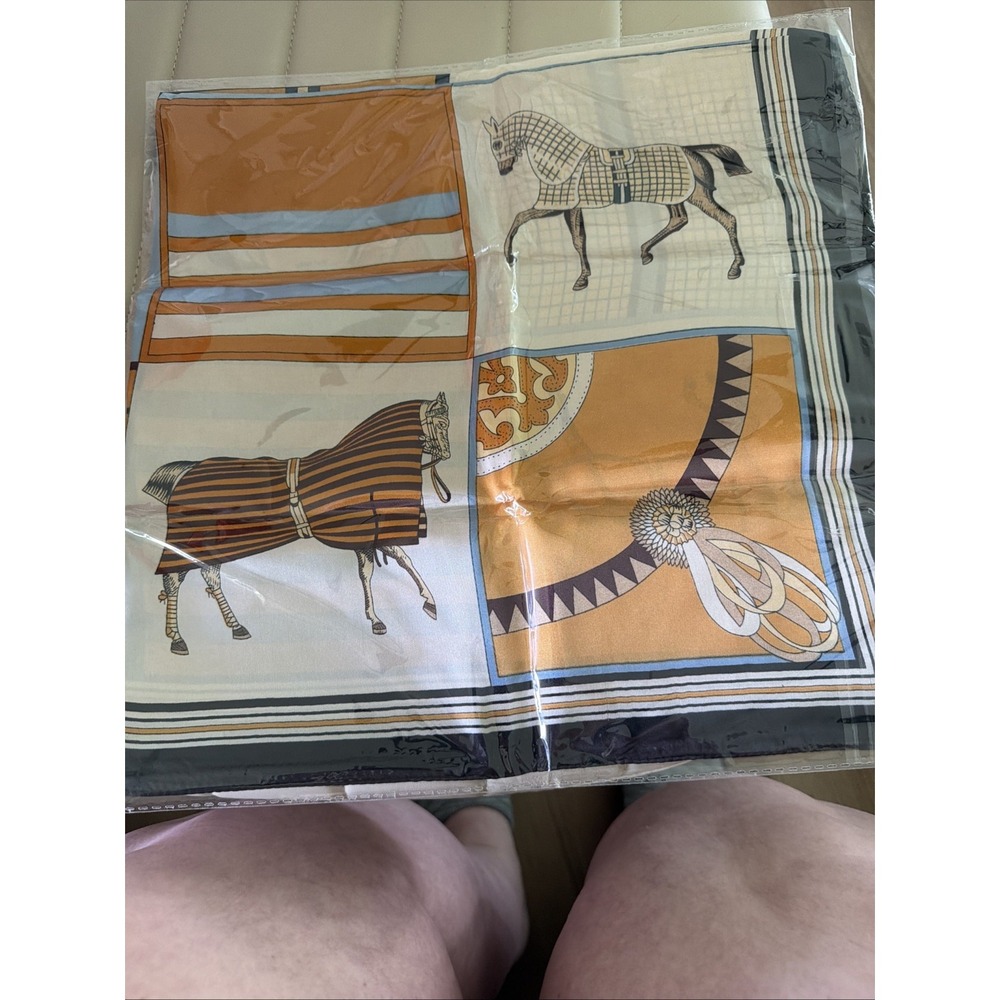 16"x51"Horses Print Pure Mulberry Twill14momme Silk Losange Scarf42x130cm5-6 New